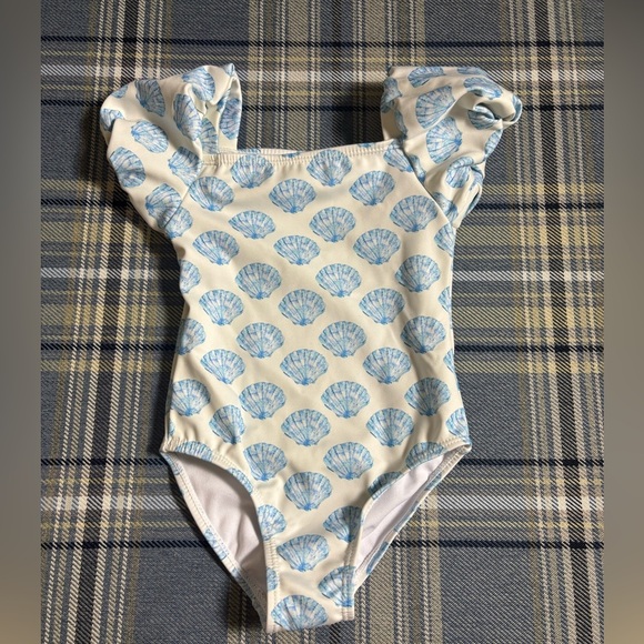 New Habitual Girl's Fiji Cool Blue Sea Shell Puff Sleeve One Piece Swimsuit - 4 - Picture 2 of 5